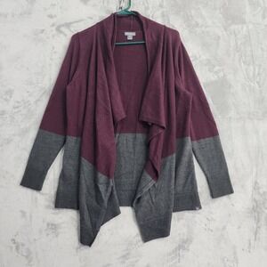 Eddie Bauer Sweater Cardigan Womens‎ M Purple Gray Colorblock Open Front Knit